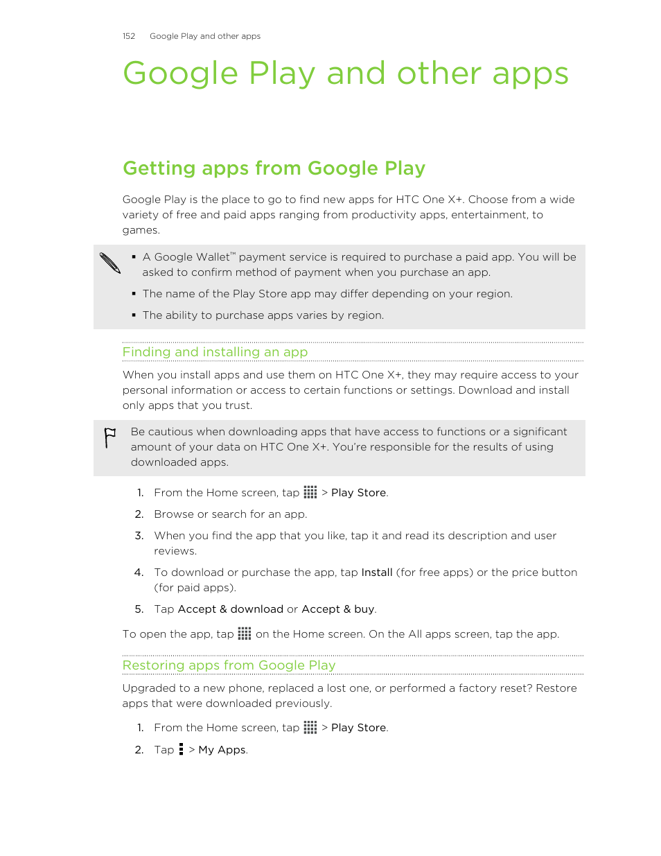 Google play and other apps, Getting apps from google play, Finding and installing an app | Restoring apps from google play | HTC X+ User Manual | Page 152 / 193