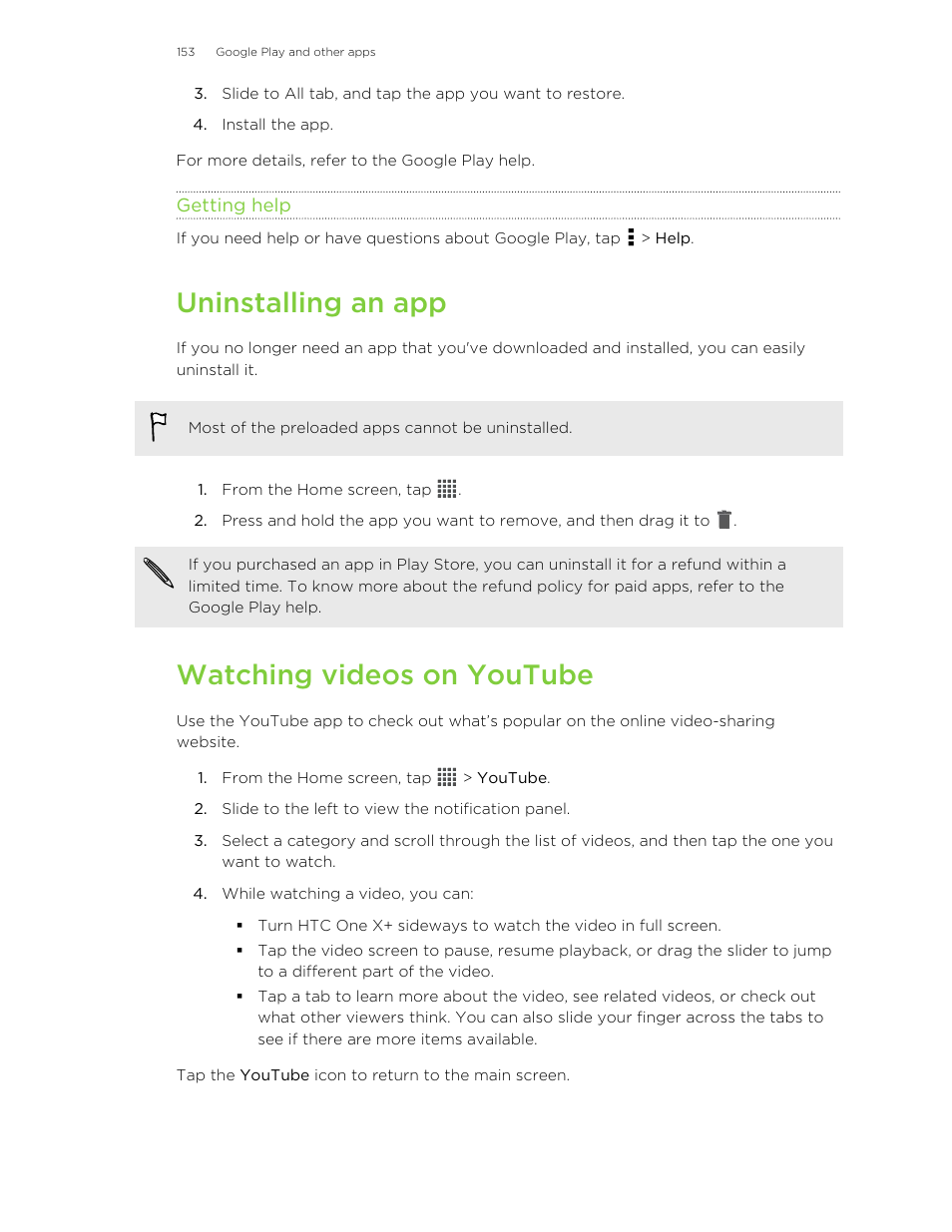 Getting help, Uninstalling an app, Watching videos on youtube | HTC X+ User Manual | Page 153 / 193
