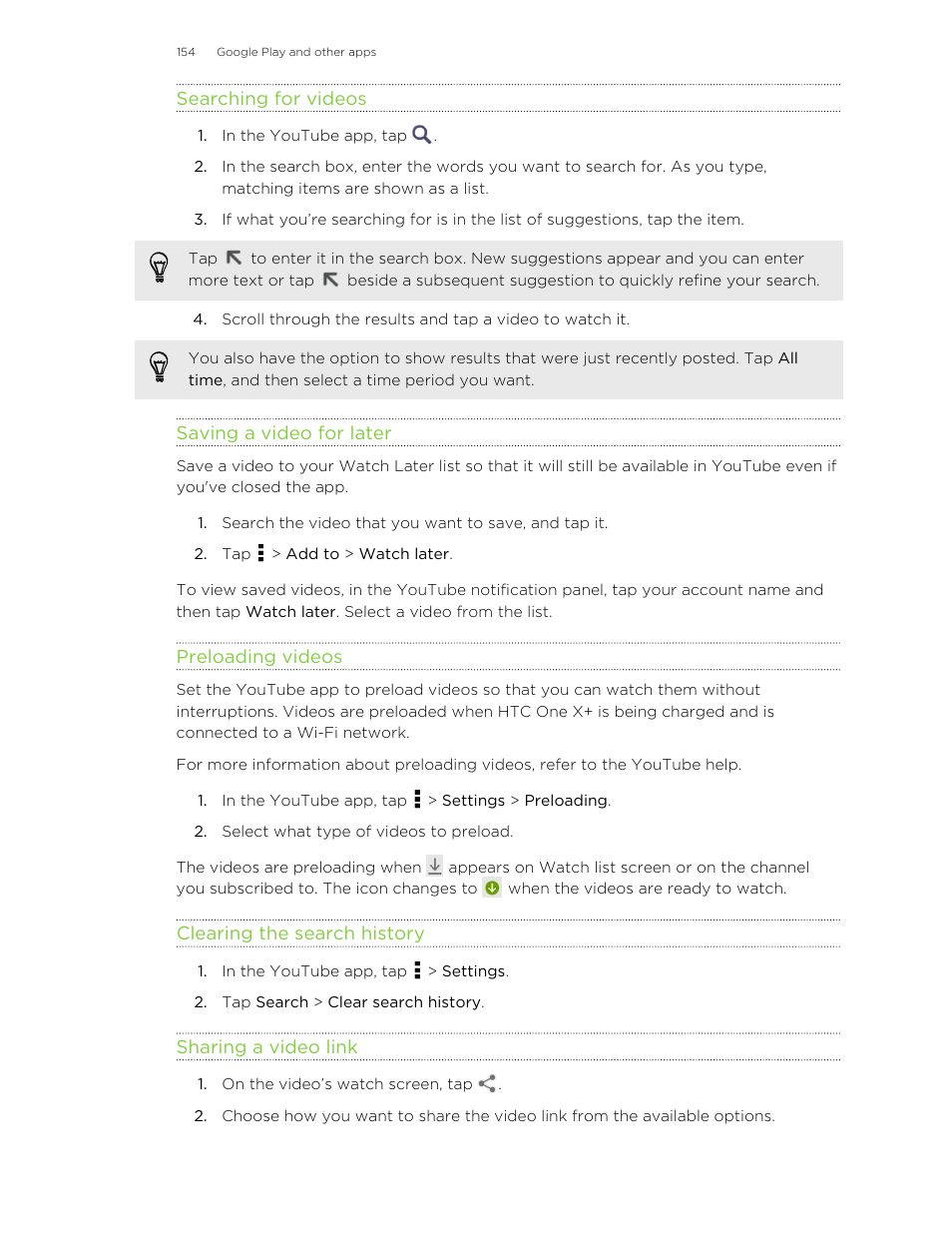 Searching for videos, Saving a video for later, Preloading videos | Clearing the search history, Sharing a video link | HTC X+ User Manual | Page 154 / 193