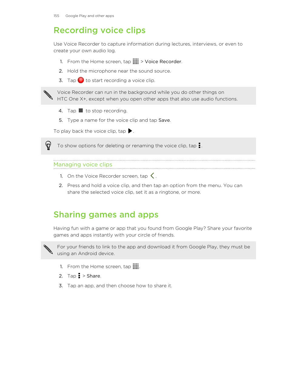 Recording voice clips, Managing voice clips, Sharing games and apps | HTC X+ User Manual | Page 155 / 193