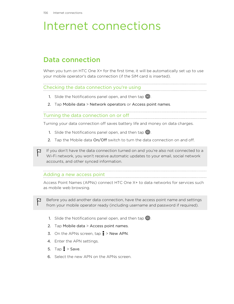 Internet connections, Data connection, Checking the data connection you're using | Turning the data connection on or off, Adding a new access point | HTC X+ User Manual | Page 156 / 193