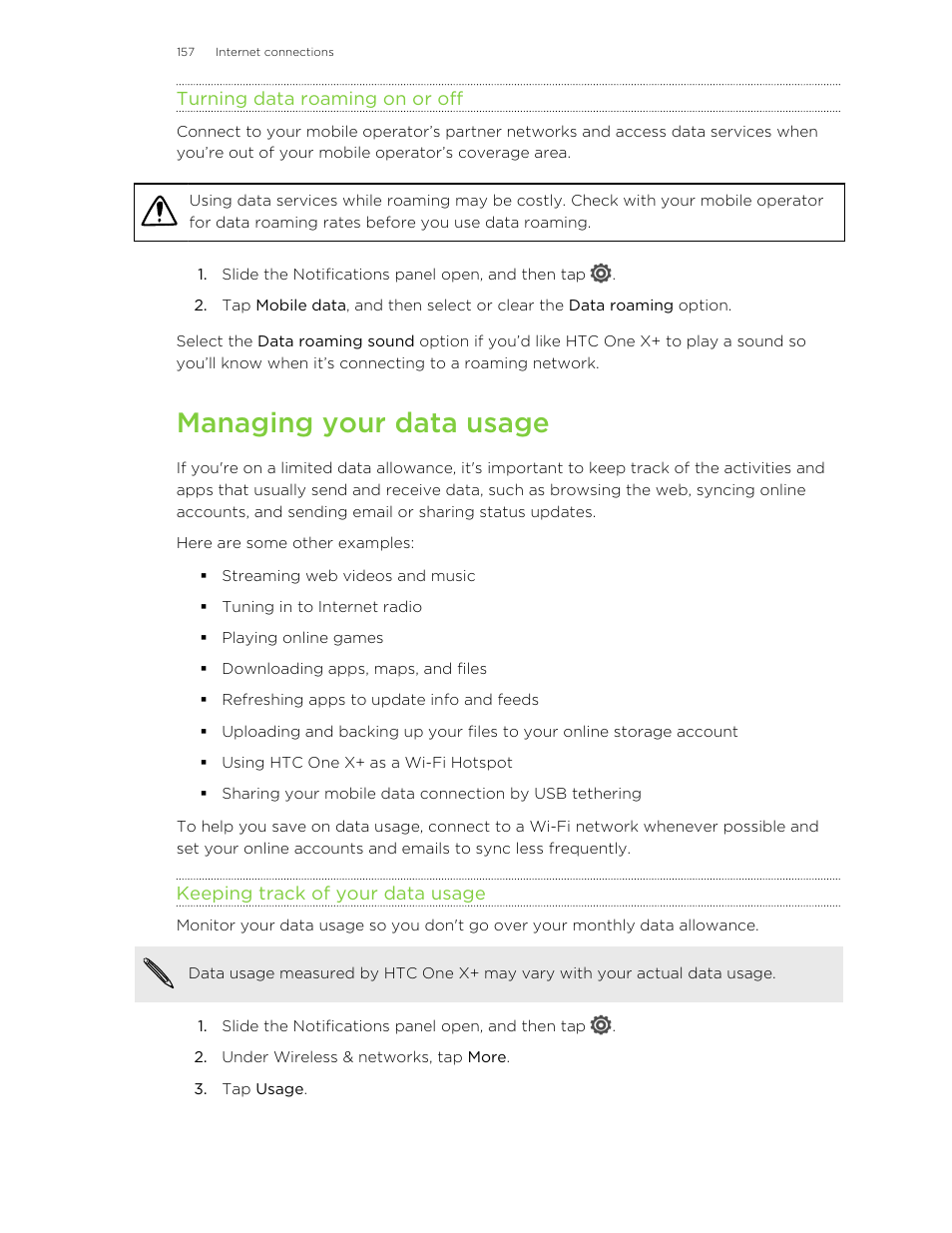 Turning data roaming on or off, Managing your data usage, Keeping track of your data usage | HTC X+ User Manual | Page 157 / 193
