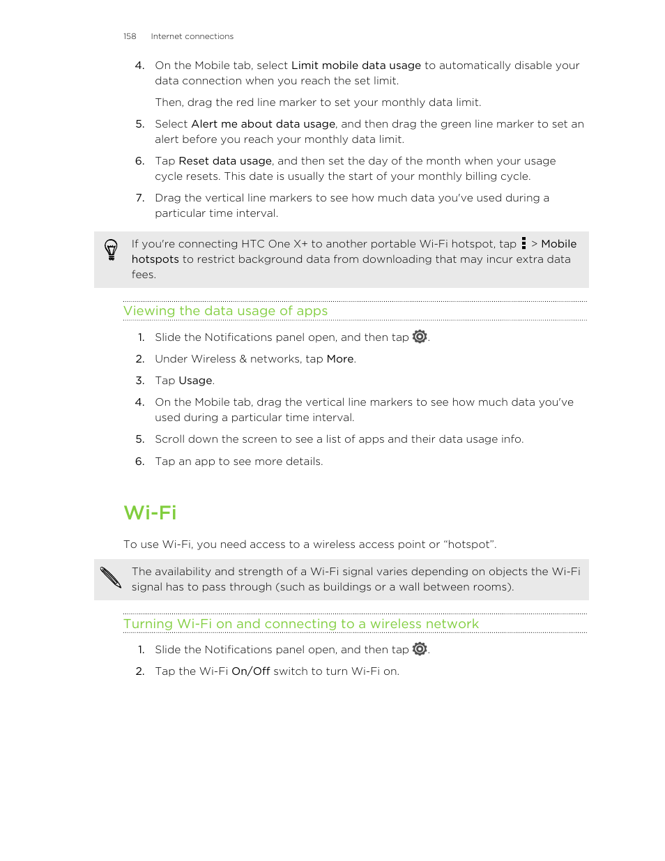 Viewing the data usage of apps, Wi‑fi, Wi-fi | HTC X+ User Manual | Page 158 / 193