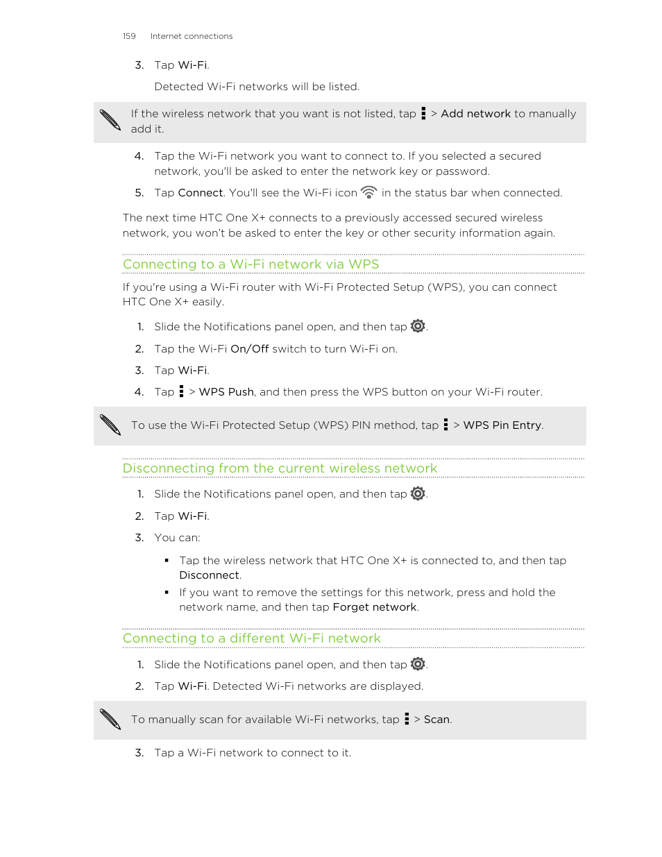 Connecting to a wi‑fi network via wps, Disconnecting from the current wireless network, Connecting to a different wi‑fi network | HTC X+ User Manual | Page 159 / 193