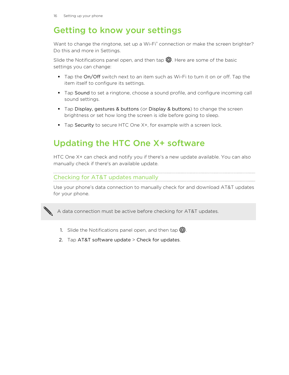 Getting to know your settings, Updating the htc one x‍+ software, Checking for at&t updates manually | Updating the htc one x+ software | HTC X+ User Manual | Page 16 / 193