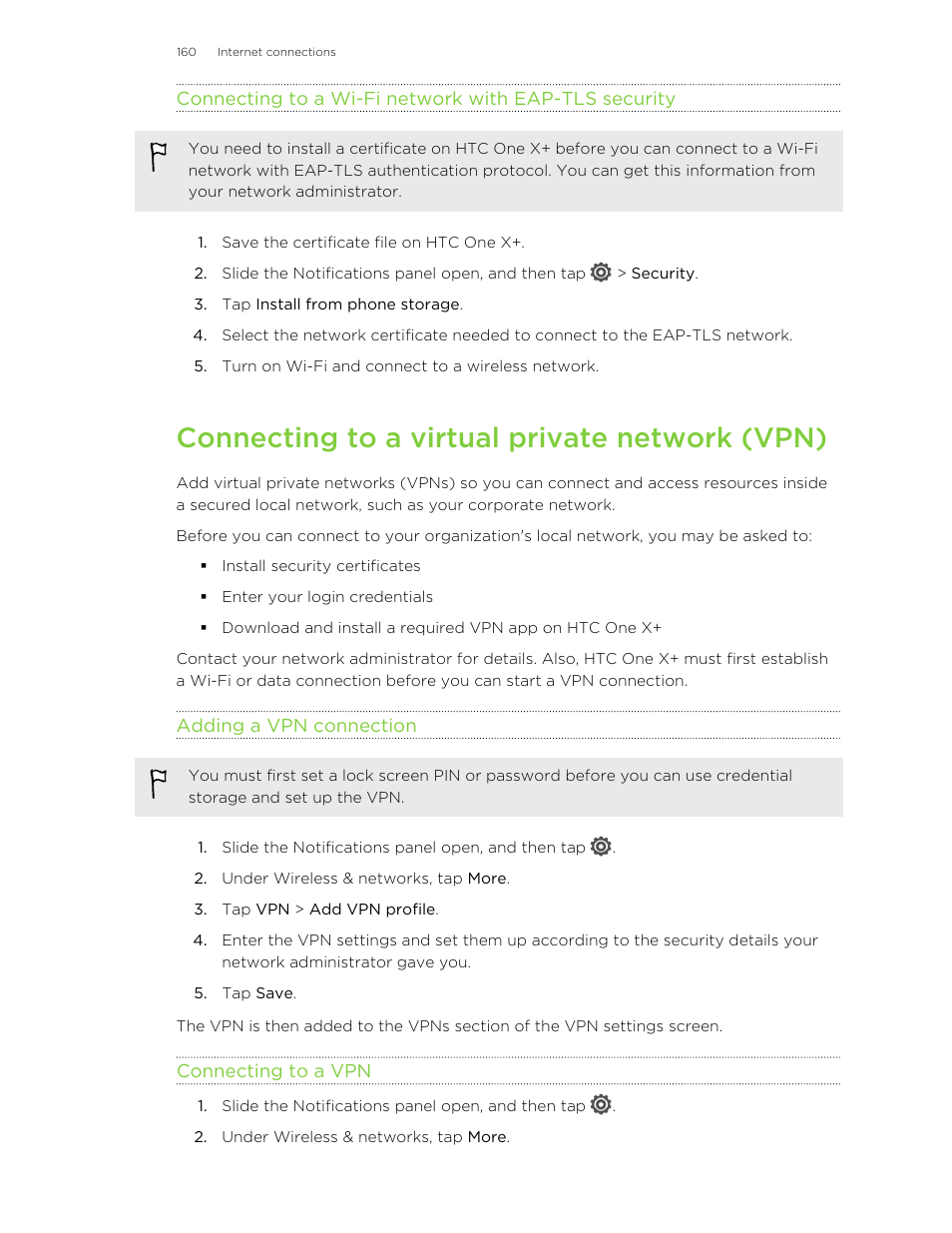 Connecting to a virtual private network (vpn), Adding a vpn connection, Connecting to a vpn | HTC X+ User Manual | Page 160 / 193