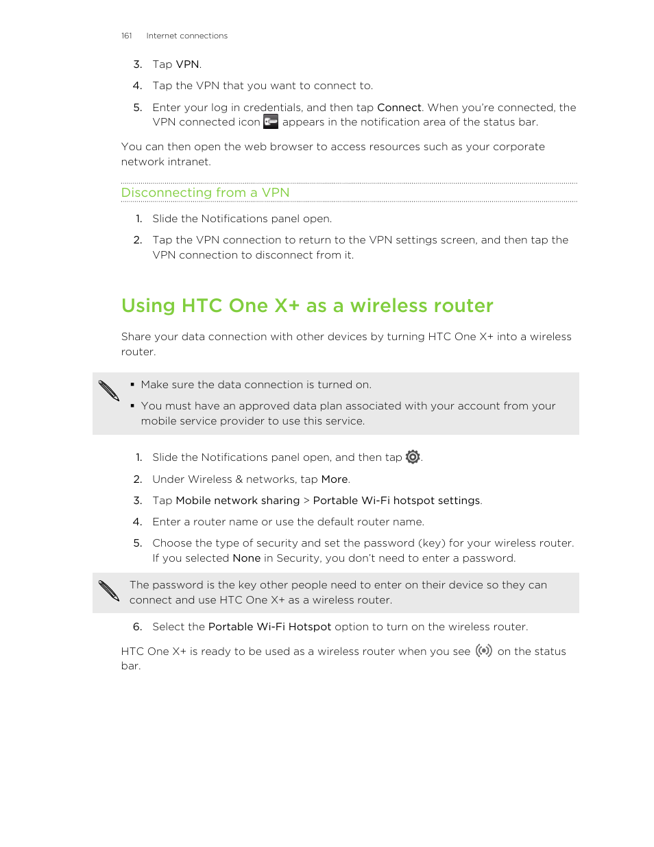 Disconnecting from a vpn, Using htc one x‍+ as a wireless router, Using htc one x+ as a wireless router | HTC X+ User Manual | Page 161 / 193