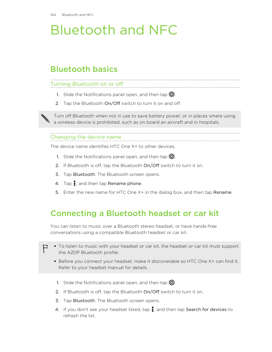 Bluetooth and nfc, Bluetooth basics, Turning bluetooth on or off | Changing the device name, Connecting a bluetooth headset or car kit | HTC X+ User Manual | Page 164 / 193