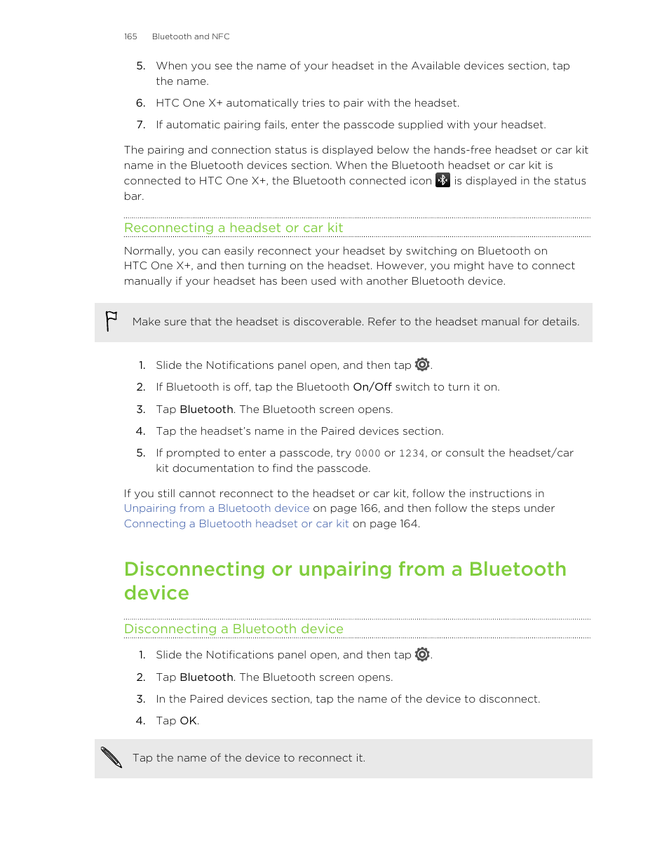 Reconnecting a headset or car kit, Disconnecting or unpairing from a bluetooth device, Disconnecting a bluetooth device | HTC X+ User Manual | Page 165 / 193