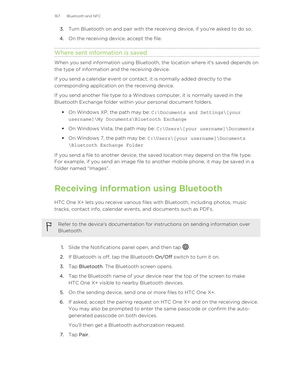 Where sent information is saved, Receiving information using bluetooth | HTC X+ User Manual | Page 167 / 193