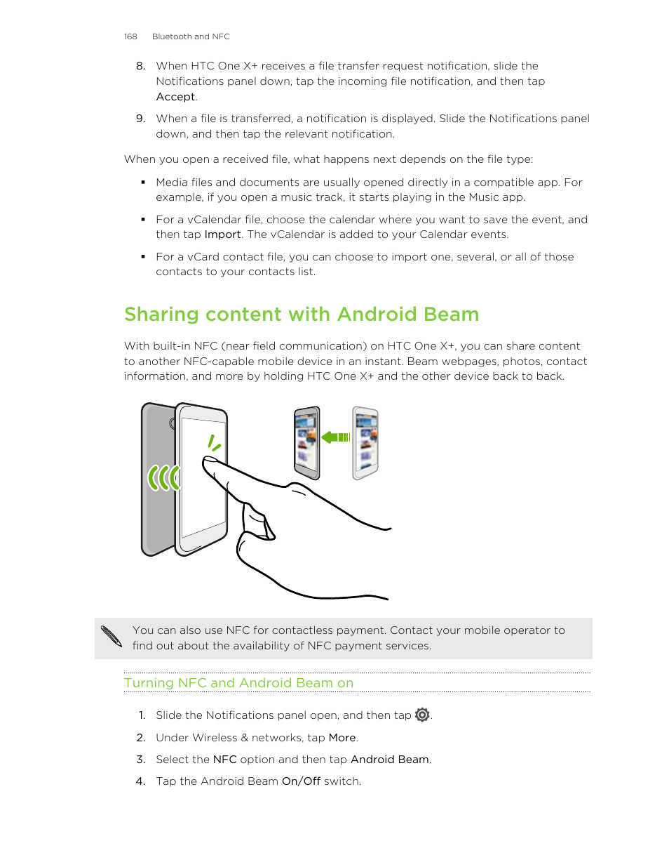 Sharing content with android beam, Turning nfc and android beam on | HTC X+ User Manual | Page 168 / 193