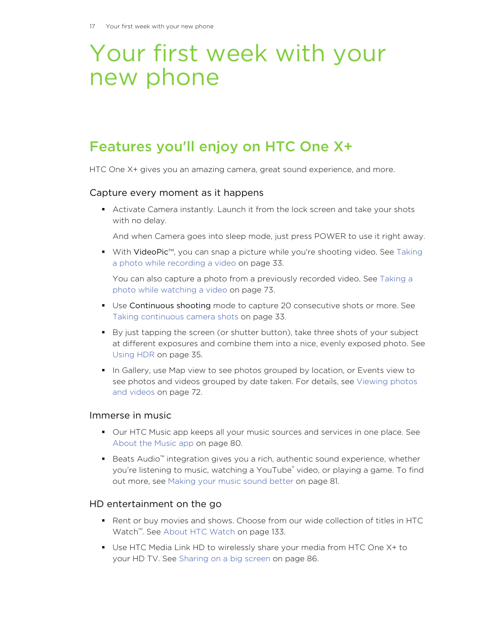 Your first week with your new phone, Features you'll enjoy on htc one x | HTC X+ User Manual | Page 17 / 193