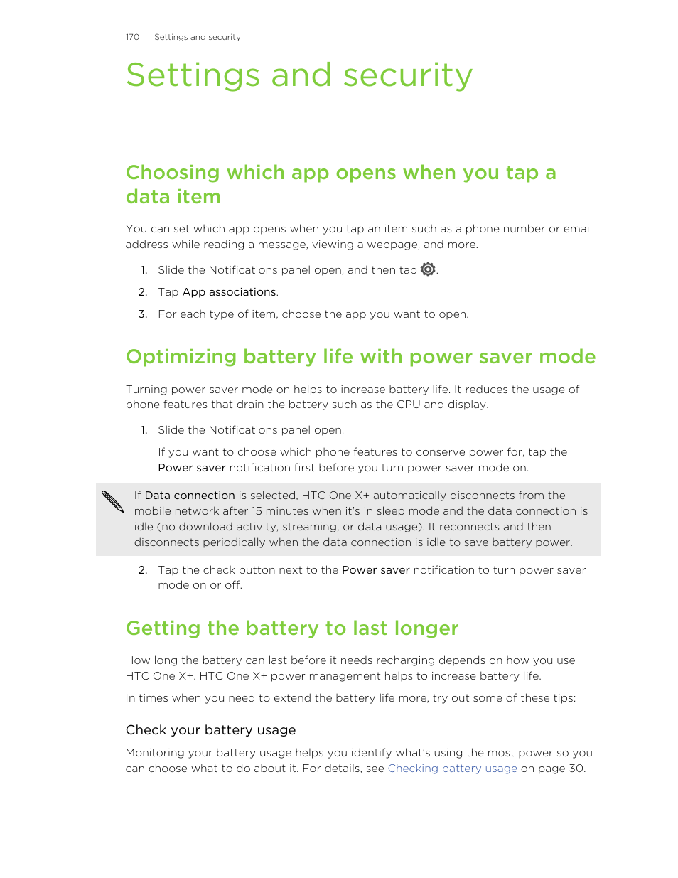 Settings and security, Choosing which app opens when you tap a data item, Optimizing battery life with power saver mode | Getting the battery to last longer | HTC X+ User Manual | Page 170 / 193