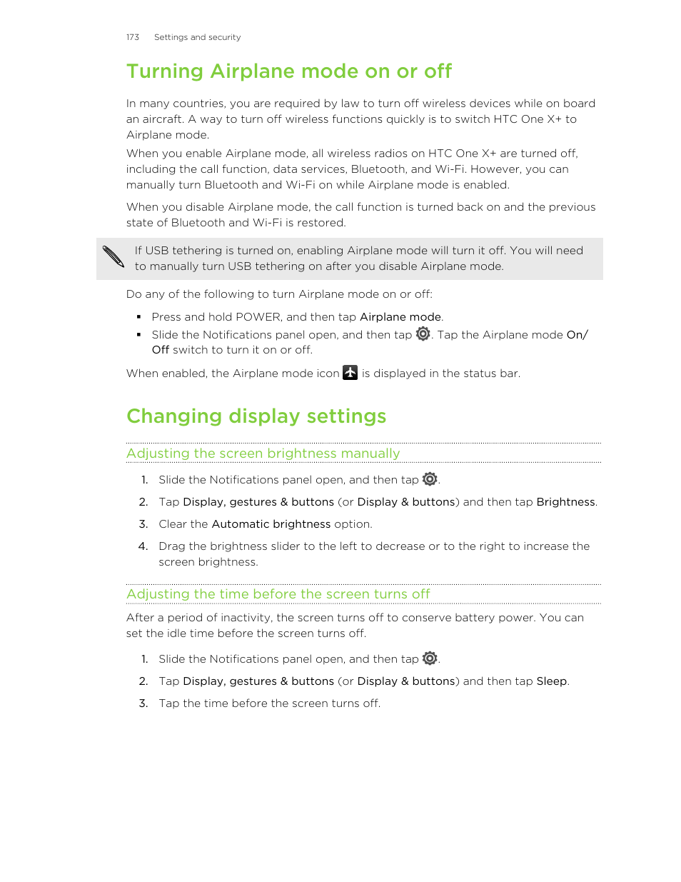 Turning airplane mode on or off, Changing display settings, Adjusting the screen brightness manually | Adjusting the time before the screen turns off | HTC X+ User Manual | Page 173 / 193