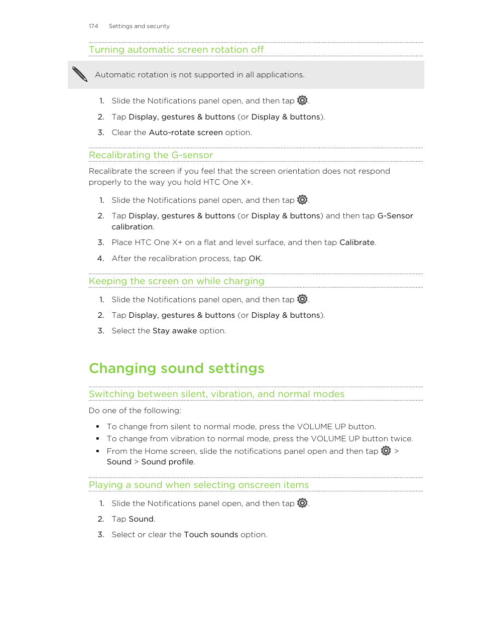 Turning automatic screen rotation off, Recalibrating the g-sensor, Keeping the screen on while charging | Changing sound settings, Playing a sound when selecting onscreen items | HTC X+ User Manual | Page 174 / 193