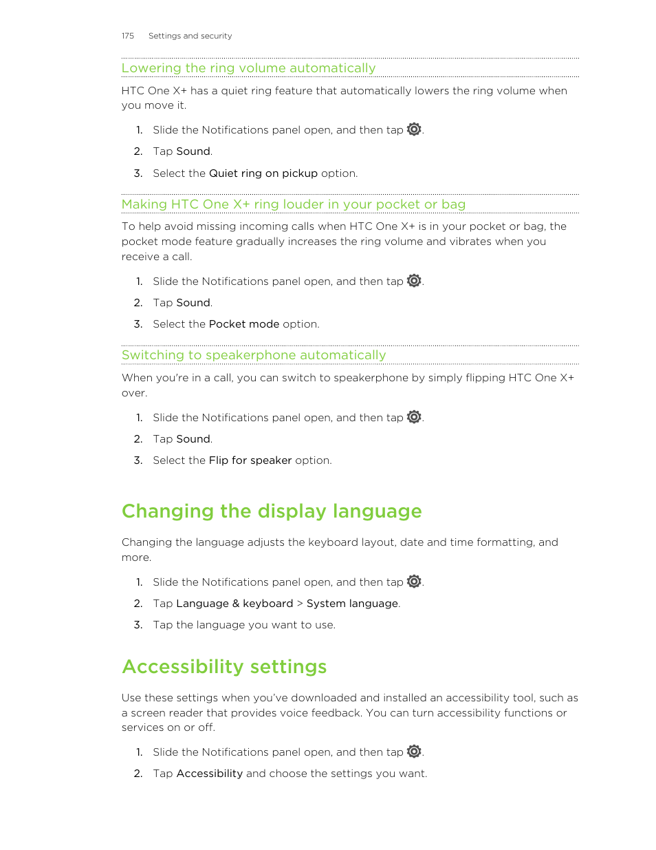 Lowering the ring volume automatically, Switching to speakerphone automatically, Changing the display language | Accessibility settings | HTC X+ User Manual | Page 175 / 193