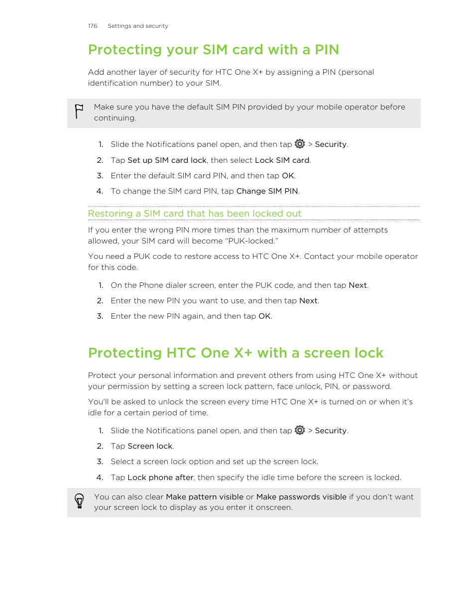 Protecting your sim card with a pin, Restoring a sim card that has been locked out, Protecting htc one x‍+ with a screen lock | Protecting htc one x+ with a screen lock | HTC X+ User Manual | Page 176 / 193