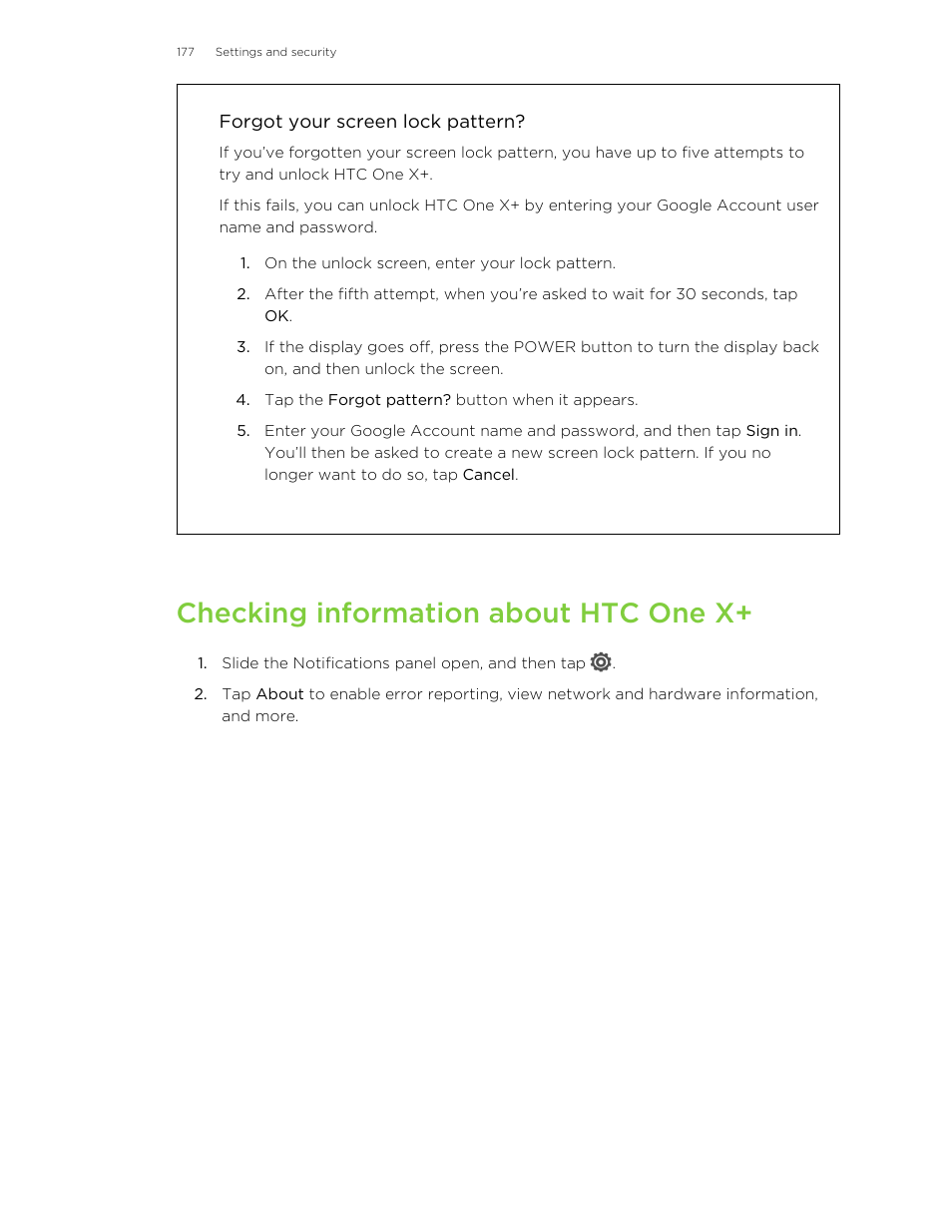 Forgot your screen lock pattern, Checking information about htc one x | HTC X+ User Manual | Page 177 / 193