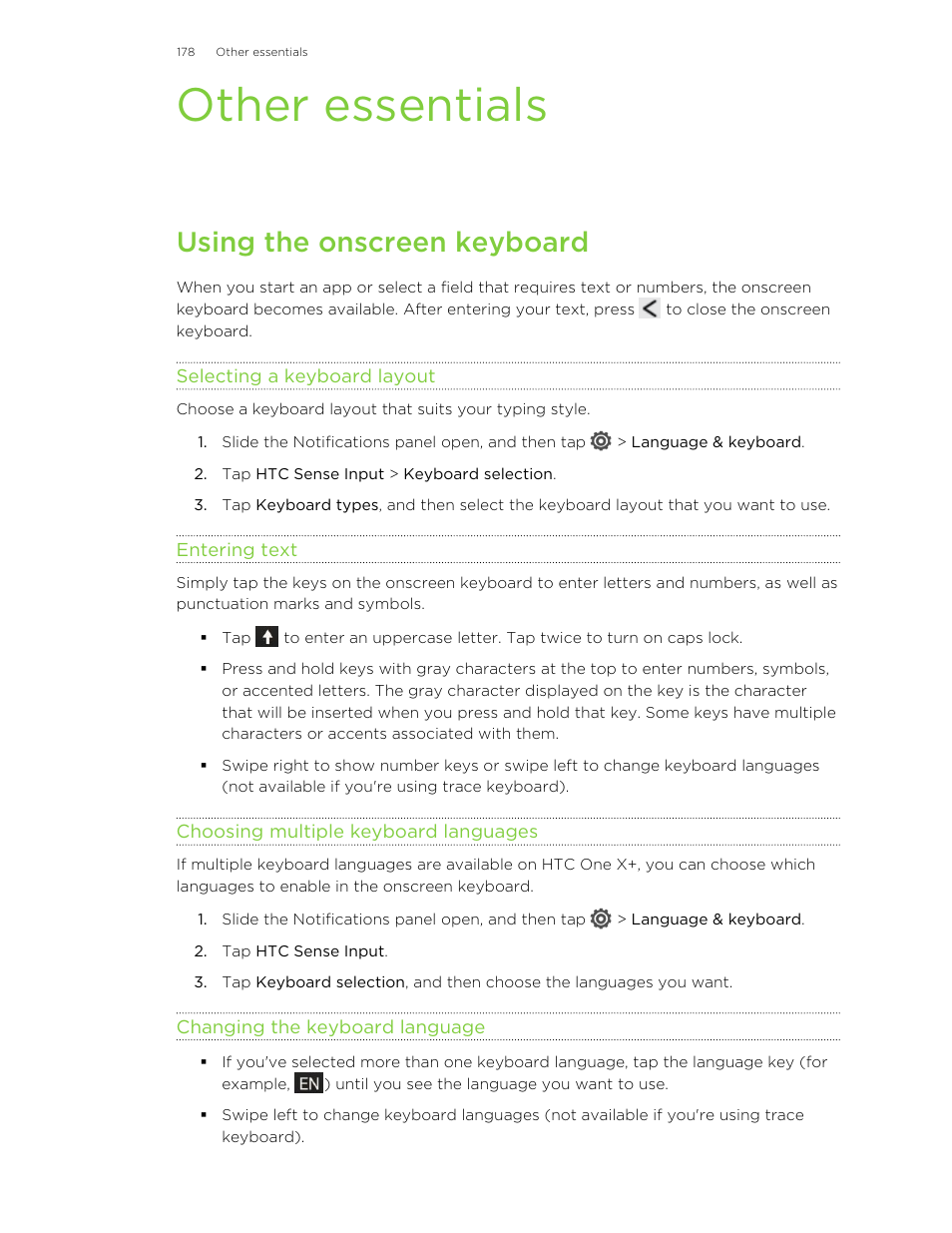 Other essentials, Using the onscreen keyboard, Selecting a keyboard layout | Entering text, Choosing multiple keyboard languages, Changing the keyboard language | HTC X+ User Manual | Page 178 / 193