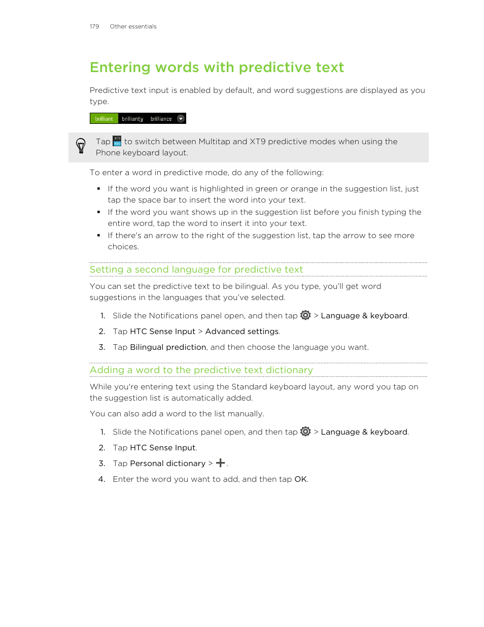 Entering words with predictive text, Setting a second language for predictive text, Adding a word to the predictive text dictionary | HTC X+ User Manual | Page 179 / 193
