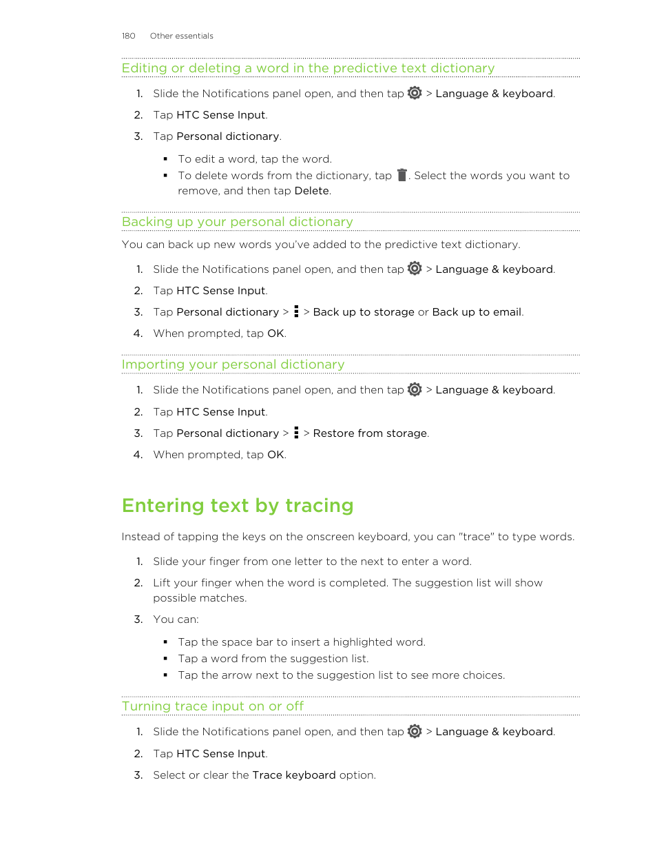 Backing up your personal dictionary, Importing your personal dictionary, Entering text by tracing | Turning trace input on or off | HTC X+ User Manual | Page 180 / 193