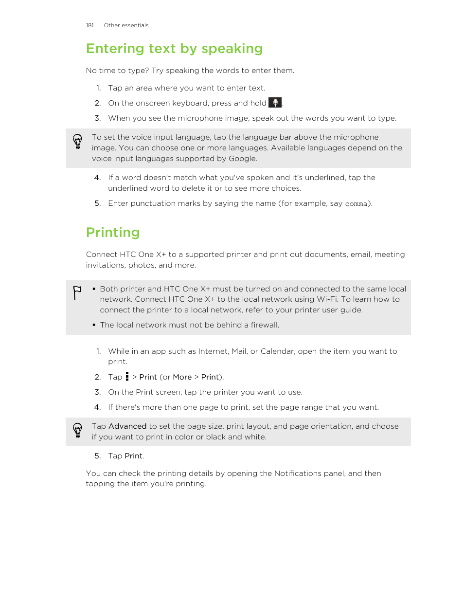 Entering text by speaking, Printing | HTC X+ User Manual | Page 181 / 193