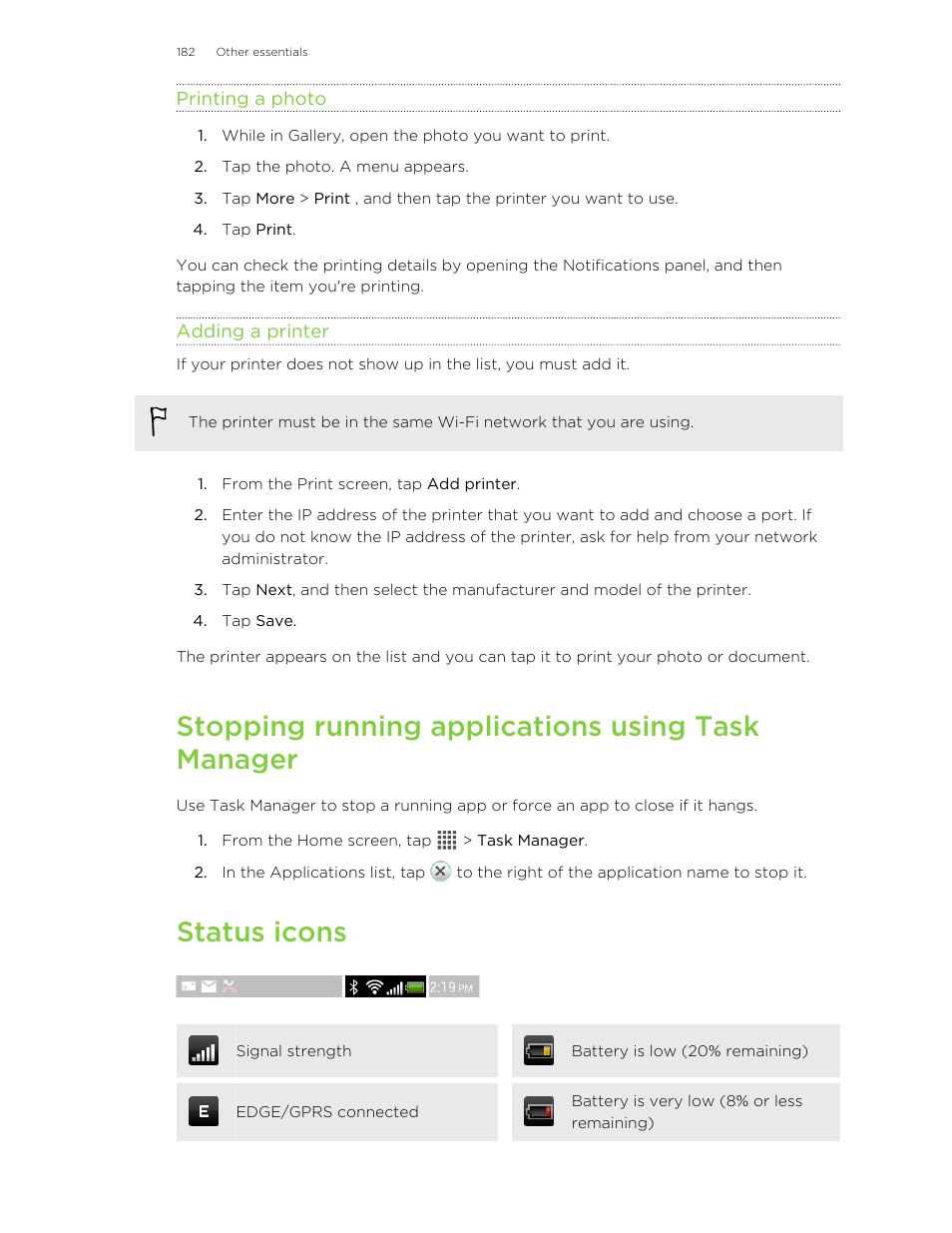 Printing a photo, Adding a printer, Stopping running applications using task manager | Status icons | HTC X+ User Manual | Page 182 / 193