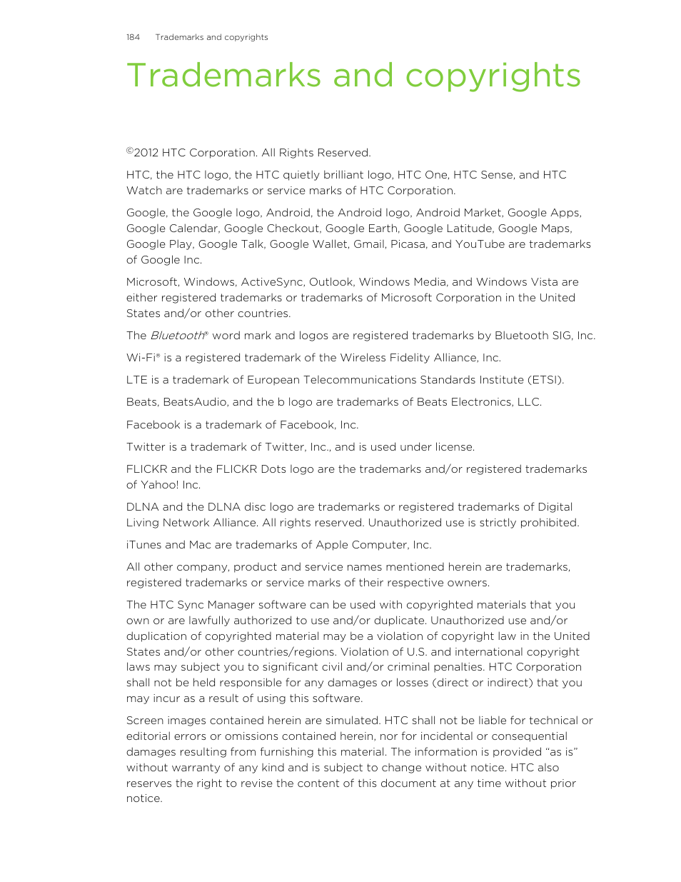 Trademarks and copyrights | HTC X+ User Manual | Page 184 / 193