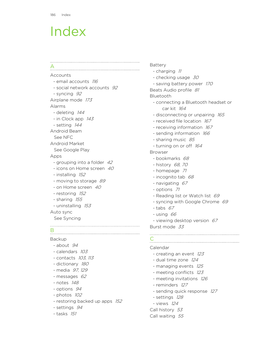 Index | HTC X+ User Manual | Page 186 / 193