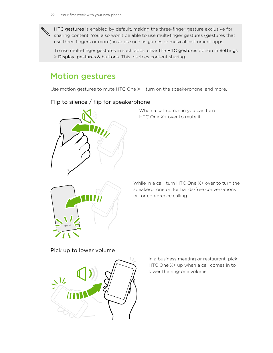 Motion gestures | HTC X+ User Manual | Page 22 / 193