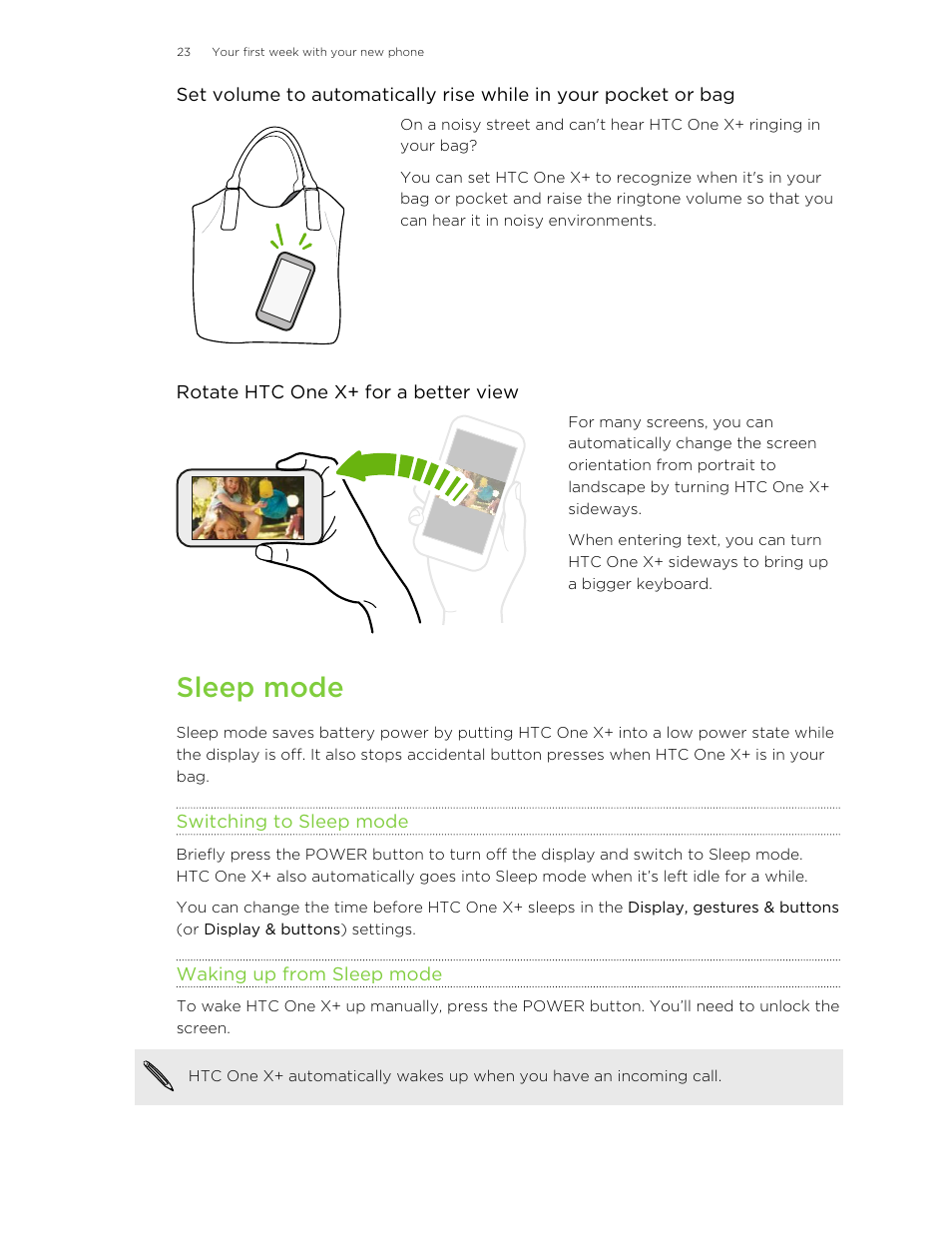 Sleep mode, Switching to sleep mode, Waking up from sleep mode | HTC X+ User Manual | Page 23 / 193