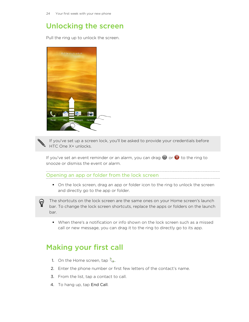 Unlocking the screen, Opening an app or folder from the lock screen, Making your first call | HTC X+ User Manual | Page 24 / 193