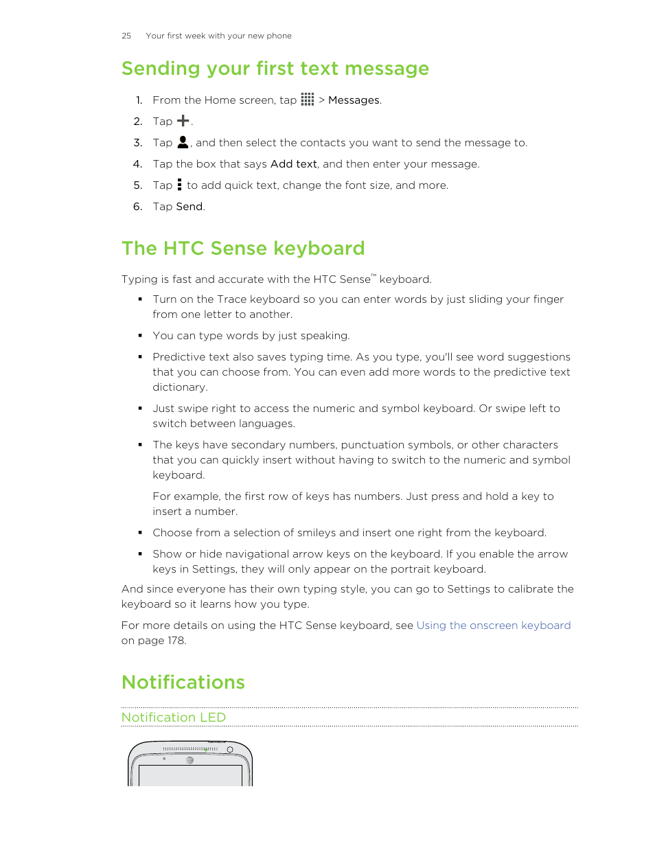 Sending your first text message, The htc sense keyboard, Notifications | Notification led | HTC X+ User Manual | Page 25 / 193