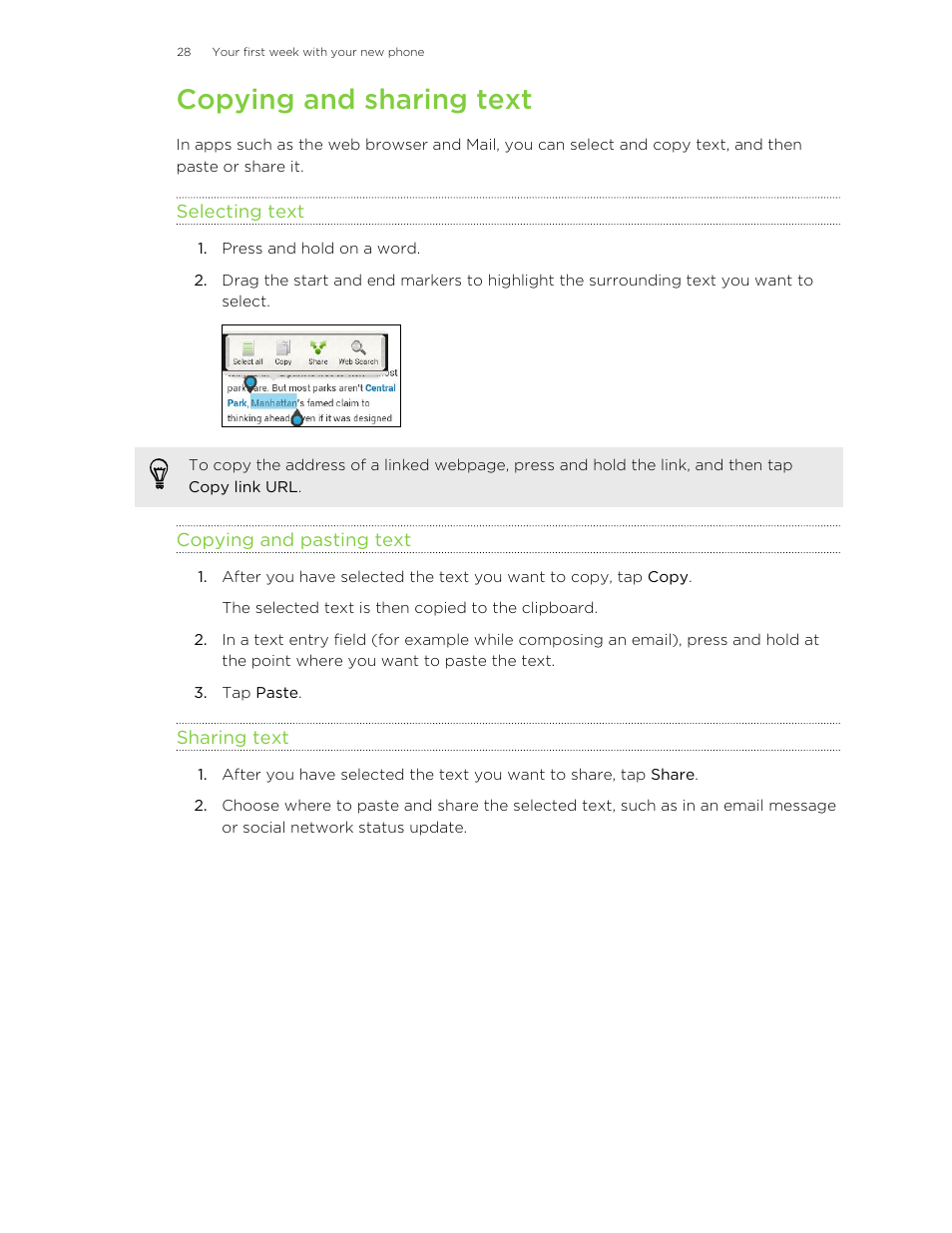 Copying and sharing text, Selecting text, Copying and pasting text | Sharing text | HTC X+ User Manual | Page 28 / 193