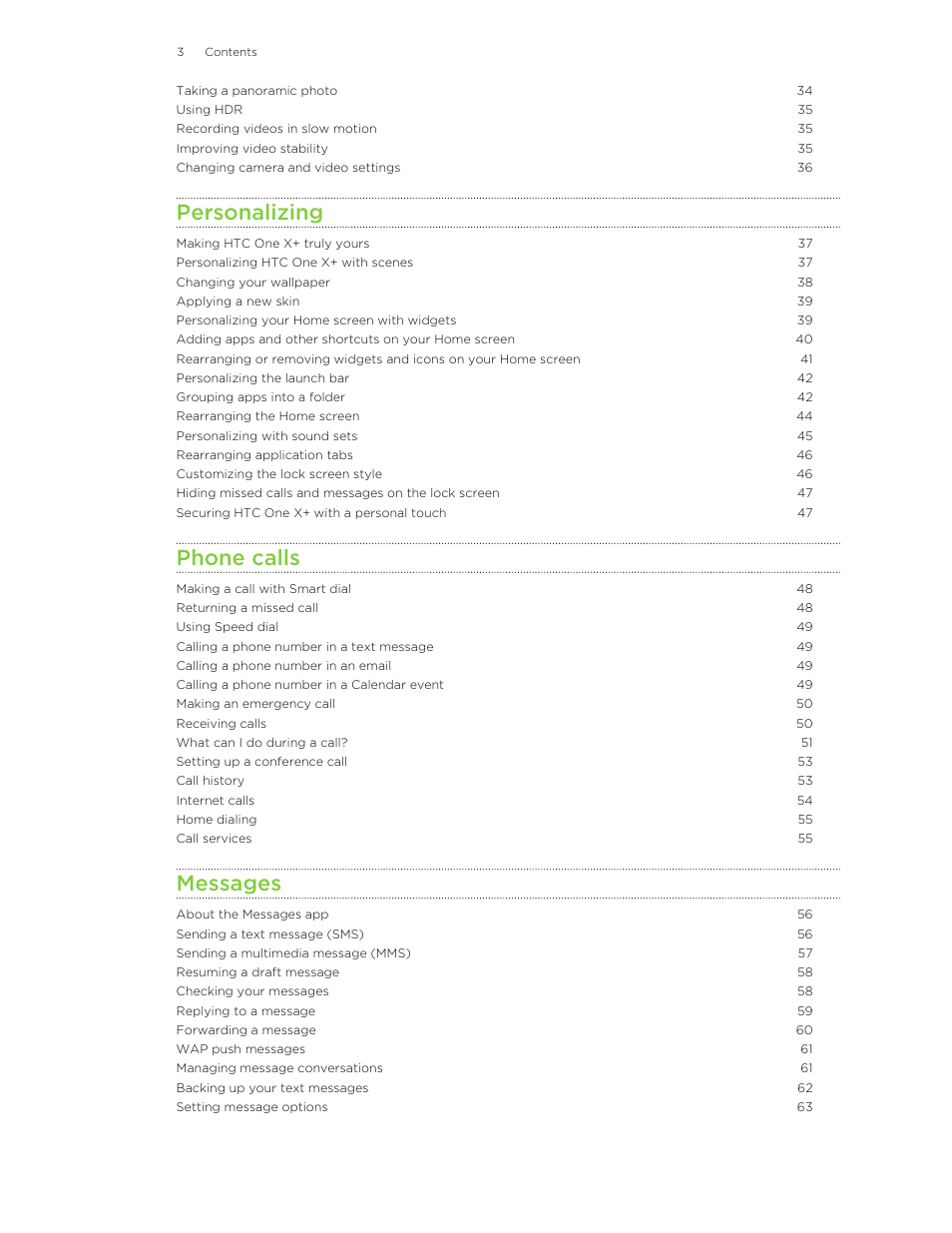 Personalizing, Phone calls, Messages | HTC X+ User Manual | Page 3 / 193