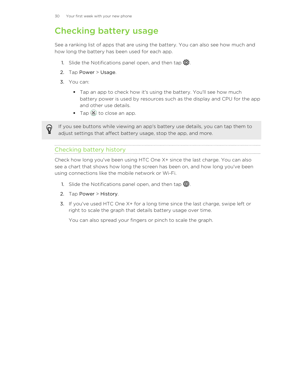 Checking battery usage, Checking battery history | HTC X+ User Manual | Page 30 / 193