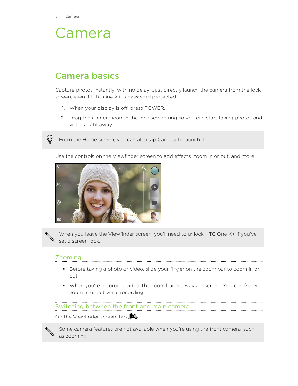Camera, Camera basics, Zooming | Switching between the front and main camera | HTC X+ User Manual | Page 31 / 193