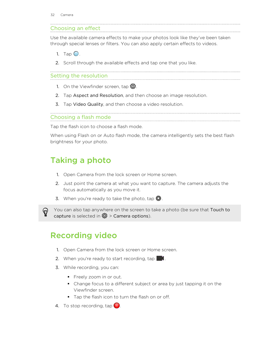 Choosing an effect, Setting the resolution, Choosing a flash mode | Taking a photo, Recording video | HTC X+ User Manual | Page 32 / 193