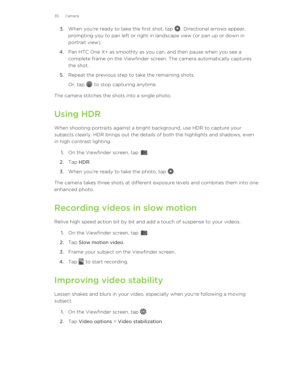 Using hdr, Recording videos in slow motion, Improving video stability | HTC X+ User Manual | Page 35 / 193