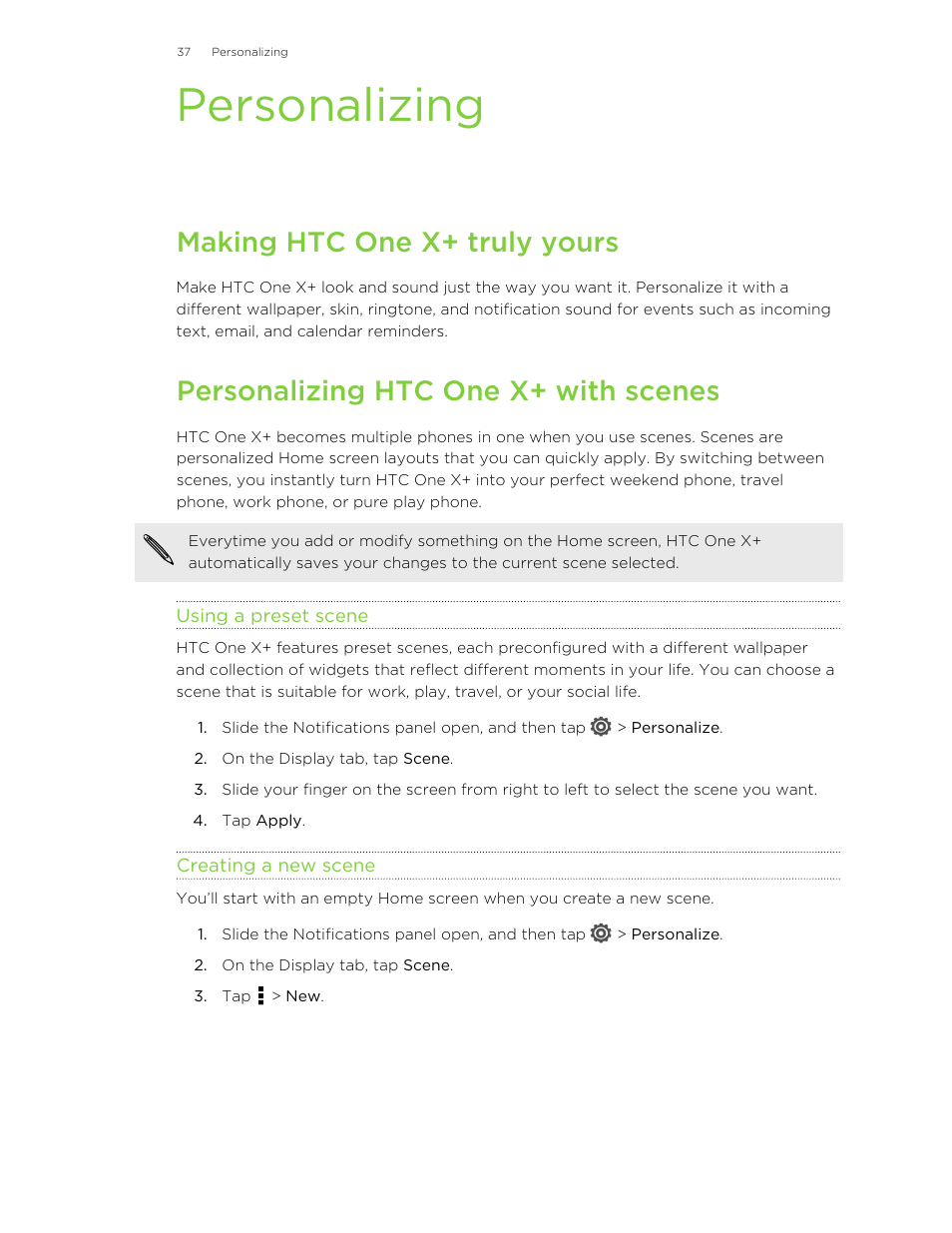 Personalizing, Making htc one x‍+ truly yours, Personalizing htc one x‍+ with scenes | Using a preset scene, Creating a new scene, Making htc one x+ truly yours, Personalizing htc one x+ with scenes | HTC X+ User Manual | Page 37 / 193