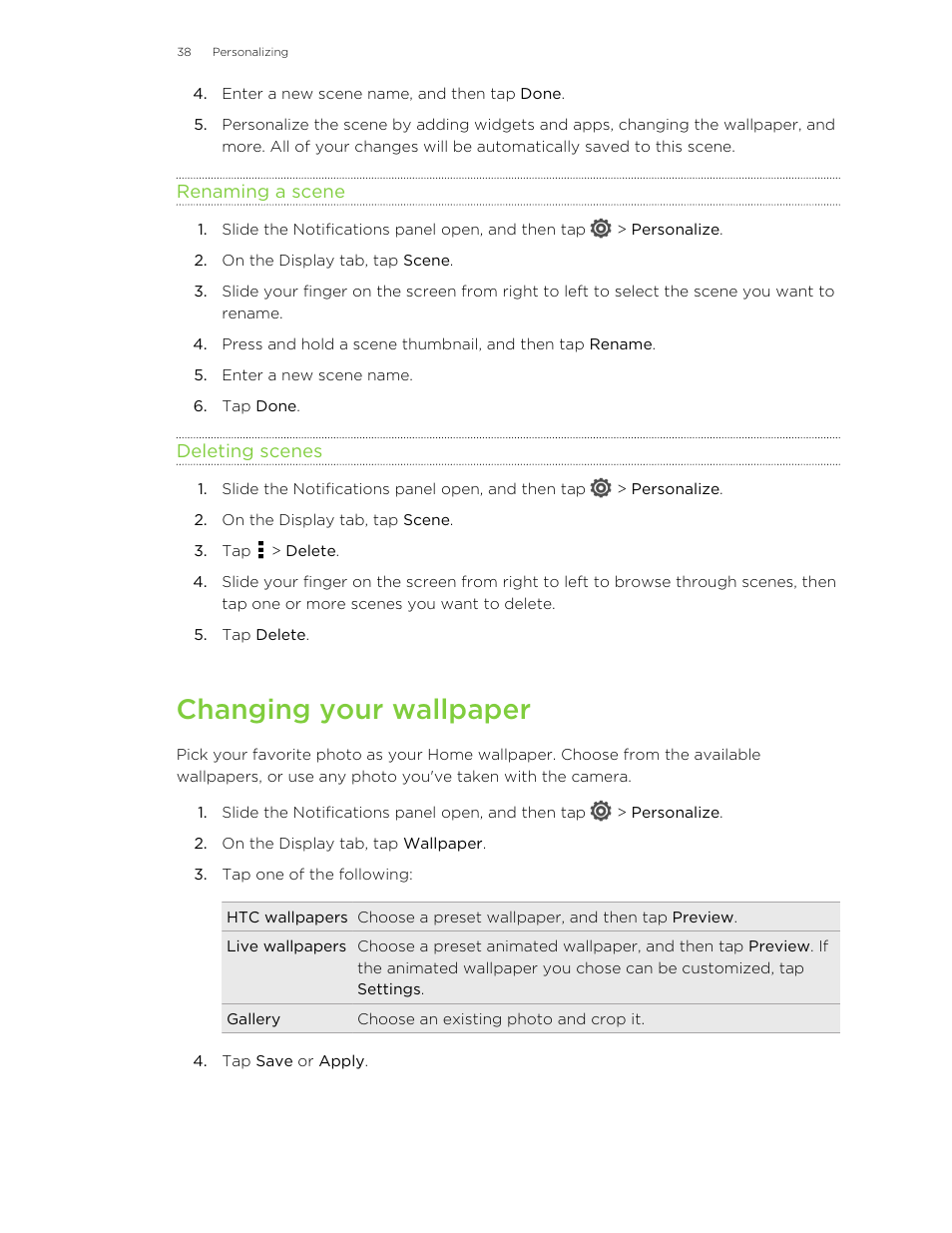 Renaming a scene, Deleting scenes, Changing your wallpaper | HTC X+ User Manual | Page 38 / 193