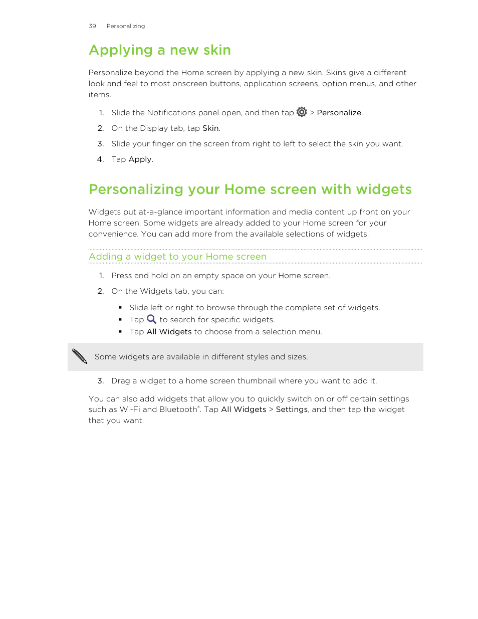 Applying a new skin, Personalizing your home screen with widgets, Adding a widget to your home screen | HTC X+ User Manual | Page 39 / 193