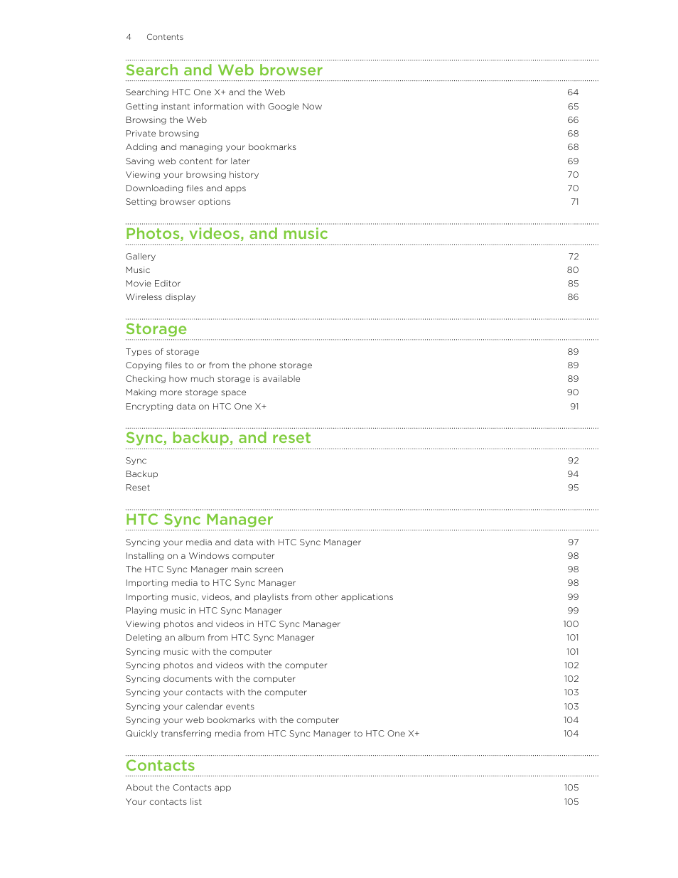 Search and web browser, Photos, videos, and music, Storage | Sync, backup, and reset, Htc sync manager, Contacts | HTC X+ User Manual | Page 4 / 193