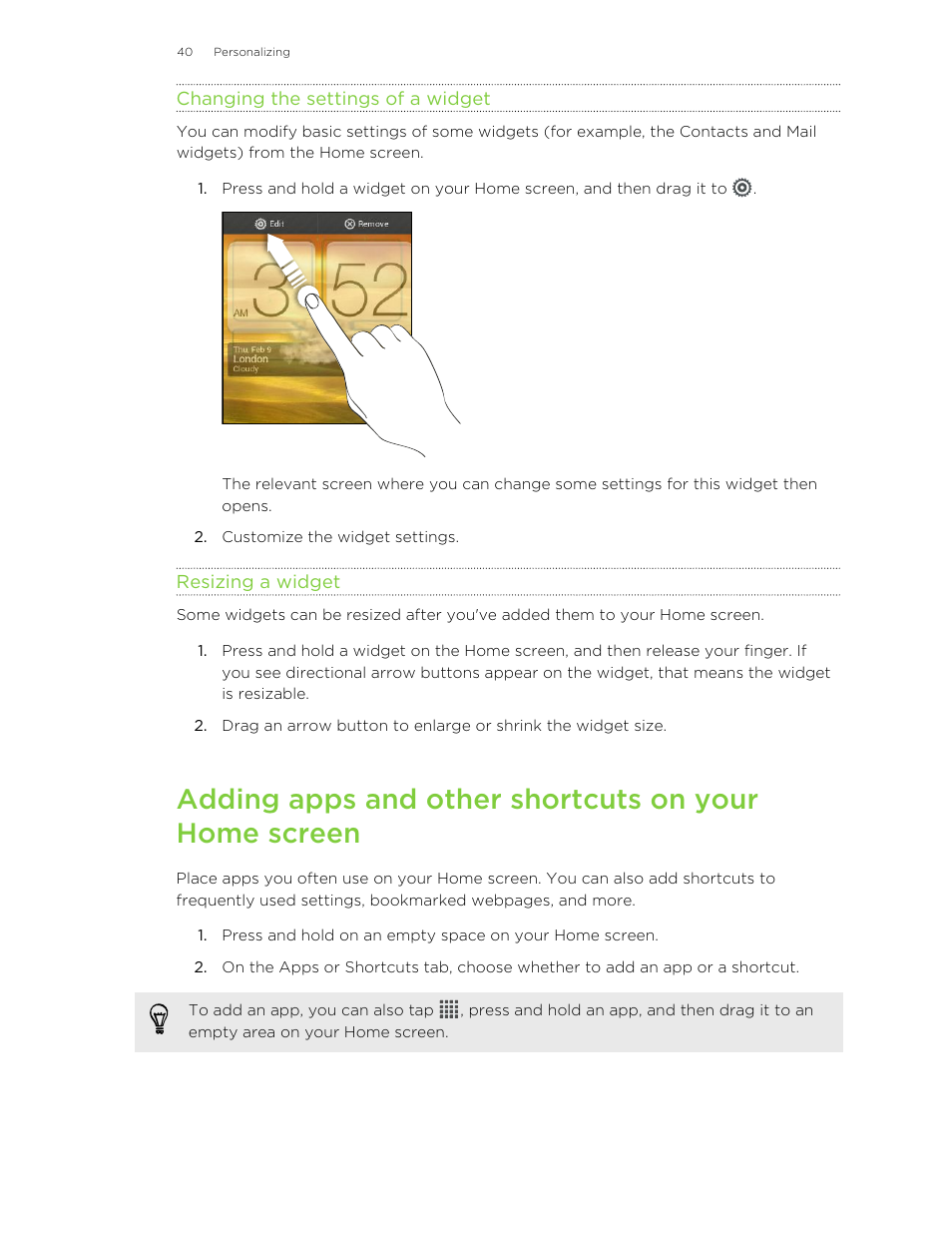 Changing the settings of a widget, Resizing a widget | HTC X+ User Manual | Page 40 / 193