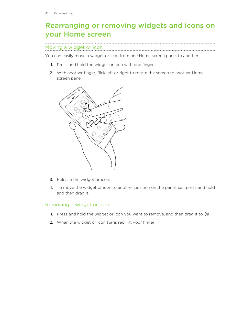 Moving a widget or icon, Removing a widget or icon | HTC X+ User Manual | Page 41 / 193