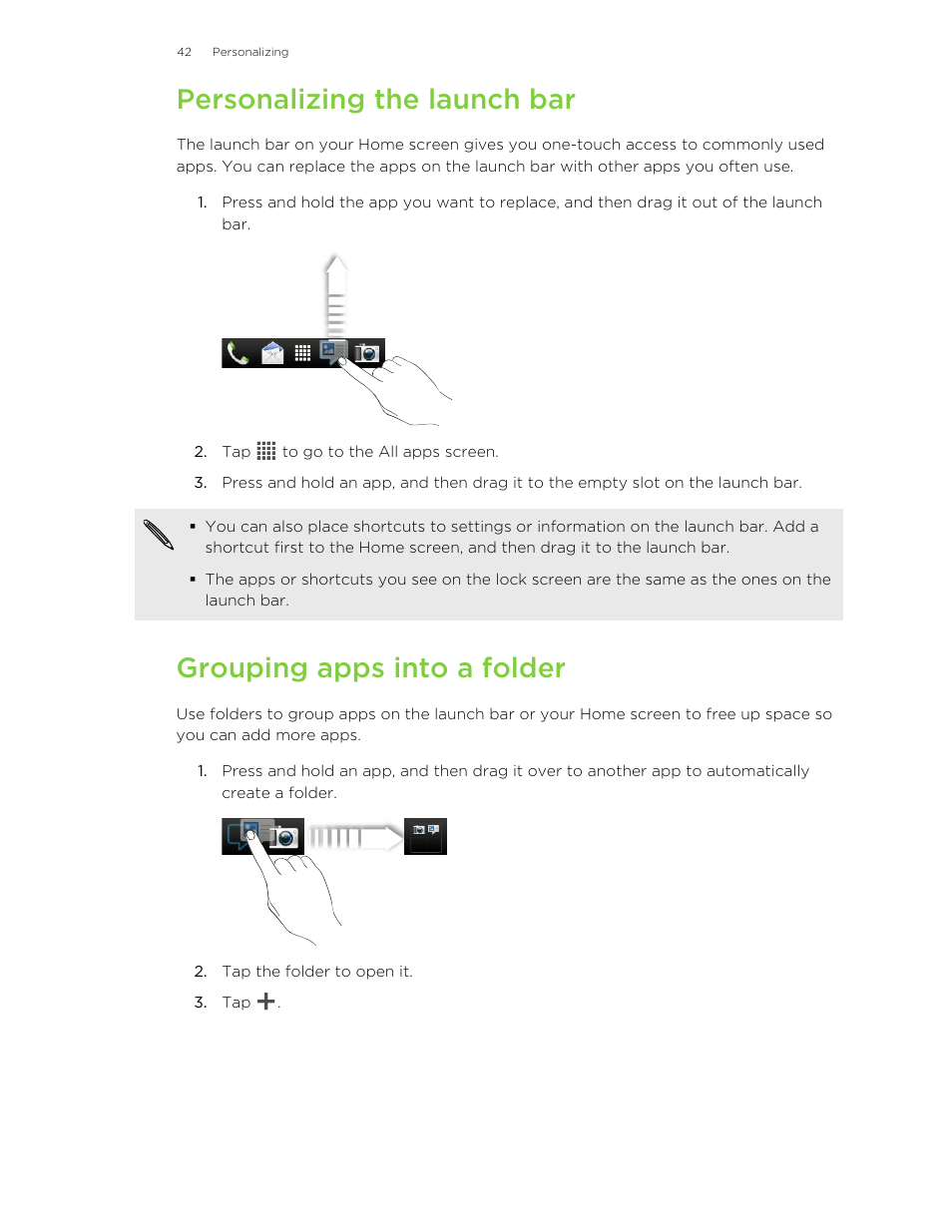 Personalizing the launch bar, Grouping apps into a folder | HTC X+ User Manual | Page 42 / 193