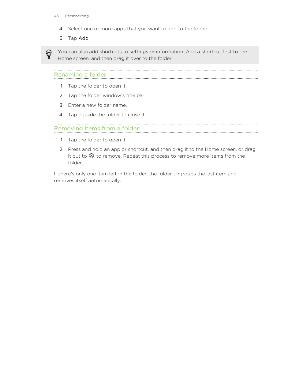 Renaming a folder, Removing items from a folder | HTC X+ User Manual | Page 43 / 193