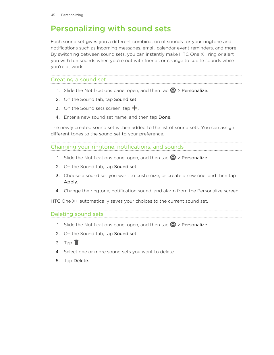 Personalizing with sound sets, Creating a sound set, Changing your ringtone, notifications, and sounds | Deleting sound sets | HTC X+ User Manual | Page 45 / 193