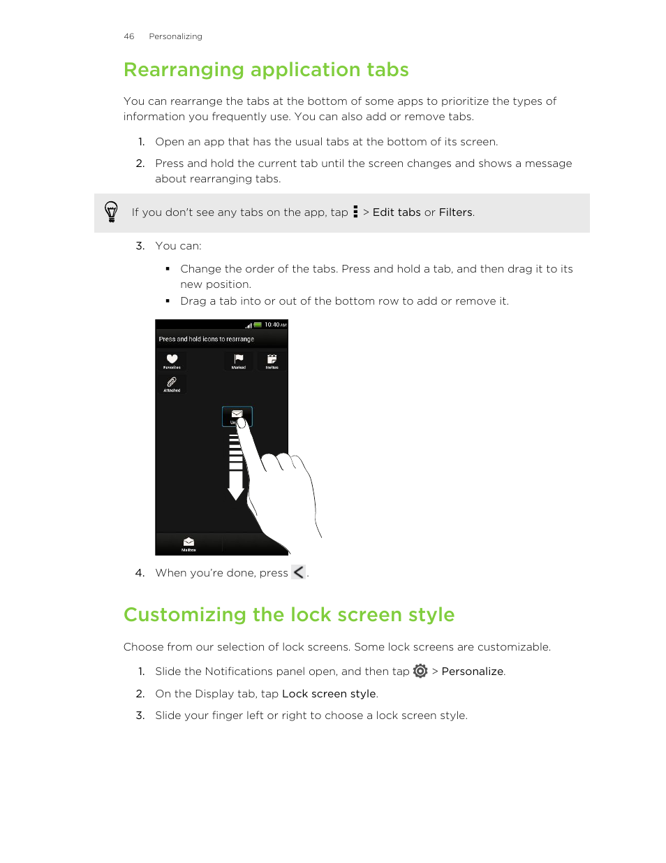 Rearranging application tabs, Customizing the lock screen style | HTC X+ User Manual | Page 46 / 193
