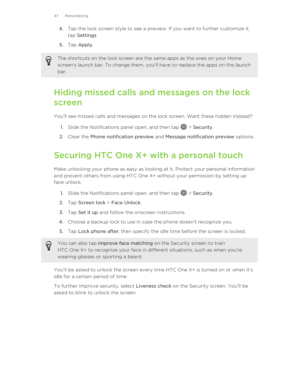 Securing htc one x‍+ with a personal touch, Securing htc one x+ with a personal touch | HTC X+ User Manual | Page 47 / 193